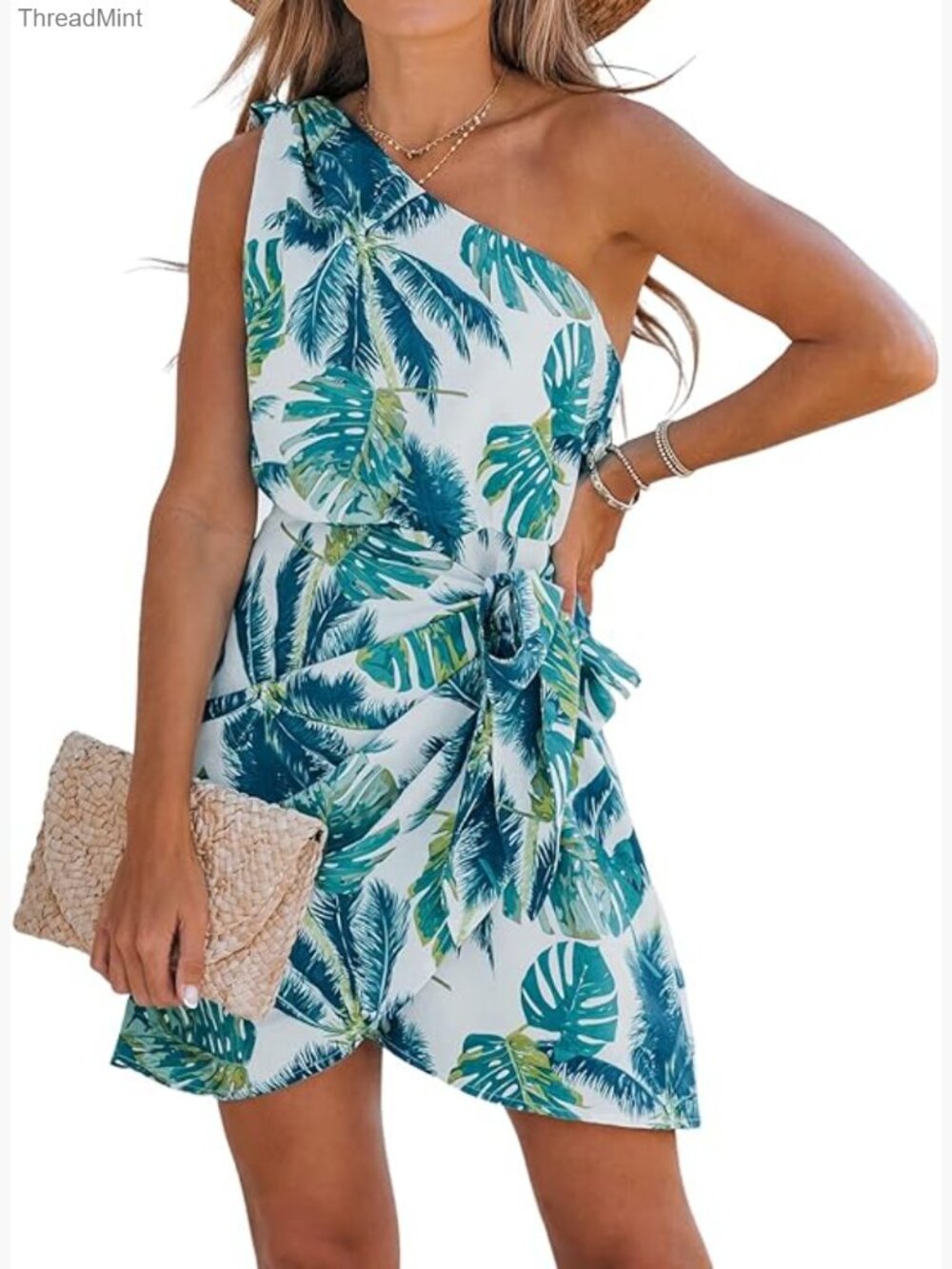One Shoulder Leaf Print Self-Tie Mini Dress Tiered Hem Sleeveless